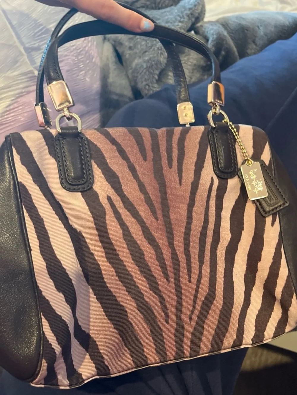 Coach Zebra-Print Satchel in Black and Taupe